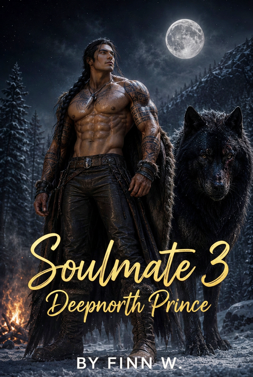 The Deepnorth Prince book cover — a shirtless, tattooed warrior with long braided hair stands beside a large black wolf in front of a snowy forest fire under a full moon, with gold series lettering below